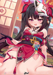  :d bell black_choker black_gloves black_sash breasts brown_hair butterfly-shaped_pupils choker chrisandita criss-cross_halter detached_sleeves dress female flower_tattoo fox_mask gloves half-closed_eyes halterneck highres honkai:_star_rail honkai_(series) mark_under_both_eyes mask mask_on_head neck_bell o-ring open_mouth pelvic_curtain pink_eyes red_dress red_eyes red_sleeves sash single_glove small_breasts smile sparkle_(honkai:_star_rail) symbol-shaped_pupils tattoo thighs twintails 