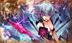  almace_(phantom_of_the_kill) blue_hair commentary crossed_bangs crystal_sword female hair_between_eyes holding holding_sword holding_weapon looking_at_viewer official_art open_mouth phantom_of_the_kill pink_eyes second-party_source short_hair solo sword ta_ga_tame_no_alchemist upper_body weapon 