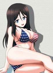  absurdres alternate_costume american_flag american_flag_bikini american_flag_print bikini blue_eyes breasts brown_hair cleavage covered_nipples female flag_print girls_und_panzer hands_on_ground highres kamishima_kanon large_breasts long_hair lying megumi_(girls_und_panzer) navel on_side print_bikini smile swimsuit 