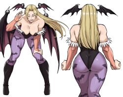  absurdres ass bat_wings blonde_hair boots breasts bridal_gauntlets cleavage cosplay female from_behind head_wings highres jujutsu_kaisen leaning_forward leotard long_hair mg991998 morrigan_aensland morrigan_aensland_(cosplay) multiple_views one_eye_closed open_mouth simple_background solo tsukumo_yuki_(jujutsu_kaisen) white_background wings 