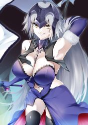  absurdres bare_shoulders black_dress black_thighhighs breast_curtains breasts chains collar dress fate/grand_order fate_(series) female flag fur-trimmed_legwear fur_trim grey_hair headpiece highres jeanne_d&#039;arc_alter_(avenger)_(fate) jeanne_d&#039;arc_alter_(avenger)_(third_ascension)_(fate) jeanne_d&#039;arc_alter_(fate) large_breasts len_(hand_linke) long_hair looking_at_viewer metal_collar polearm smile solo sword thighhighs thighs very_long_hair weapon yellow_eyes 