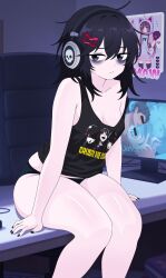  :/ bags_under_eyes black_eyes black_hair black_nails black_panties black_tank_top breasts cleavage commentary_request commission desk feet_out_of_frame female fujoshi hair_ornament hairclip headphones highres monitor on_desk original pale_skin panties petite sitting small_breasts solo spanish_commentary strap_slip tank_top tate_alon teit_talon thick_thighs thighs underwear yaoi 