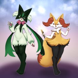  ajna anthro braixen breasts canid canine domestic_cat felid feline felis female female_anthro fennec_fox fox generation_6_pokemon generation_9_pokemon hi_res mammal meowscarada nintendo pinup pokemon pokemon_(species) pose sapphic small_breasts true_fox wide_hips 