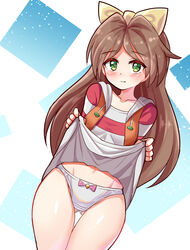  ass_visible_through_thighs blush bow bow_panties brown_hair chou_tokkyu_hikarian closed_mouth clothes_lift commentary_request commission cougar_(cougar1404) cowboy_shot crotch_seam drawstring female frown hairbow hood hood_down hoodie kanda_minayo lifting_own_clothes long_hair looking_at_viewer open_clothes open_hoodie panties partial_commentary red_shirt shirt skeb_commission skirt skirt_lift sleeveless sleeveless_hoodie solo standing striped_clothes striped_shirt thigh_gap underwear white_panties white_skirt yellow_bow yellow_eyes 