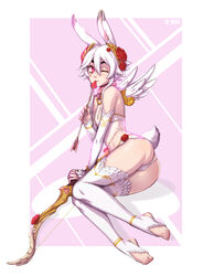  alternate_costume animal_ears arrow_(projectile) ass bare_shoulders bow_(weapon) breasts bunny_(d-rex) bunny_and_fox_world commentary d-rex detached_sleeves english_commentary female hair_between_eyes highres holding holding_arrow holding_bow_(weapon) holding_weapon making-of_available original rabbit_ears rabbit_girl rabbit_tail red_eyes short_hair small_breasts smile solo tail thighhighs weapon white_hair white_sleeves white_thighhighs 