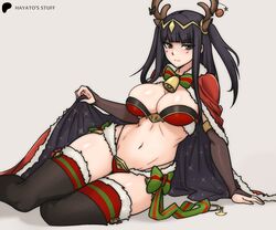  absurdres antlers bell bikini black_hair boots breasts bridal_gauntlets cape cape_lift christmas christmas_ornaments cleavage fake_antlers female fire_emblem fire_emblem_awakening fire_emblem_heroes fur-trimmed_panties fur_cape fur_trim grey_background grey_eyes groin hayato_stuff highres horns large_breasts long_hair looking_at_viewer navel official_alternate_costume panties reindeer_antlers reindeer_hair_ornament santa_bikini simple_background smile solo swimsuit tharja_(fire_emblem) tharja_(winter)_(fire_emblem) thighhighs thighhighs_under_boots tiara underwear 