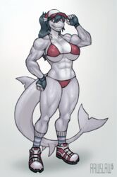  anthro bikini breasts clothed clothing female fingerless_gloves fish footwear gloves grin handwear hat headgear headwear hi_res looking_at_viewer marine muscular muscular_female nipple_outline pecs pecs_with_breasts rawslaw5 shark shoes simple_background smile sneakers socks solo swimwear white_background 