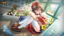  artist_request bag beret black_shirt brown_eyes brown_footwear crossed_arms female flower glasses hat highres indoors leggings light_brown_hair looking_at_viewer looking_over_eyewear mahjong_soul mahjong_tile medium_hair ninomiya_hana official_art official_wallpaper on_floor petals plant plant_request potted_plant red-framed_eyewear red_hat red_scarf scarf school_bag shirt sitting solo sunflower sunlight sweater thighhighs white_leggings window yellow_sweater 