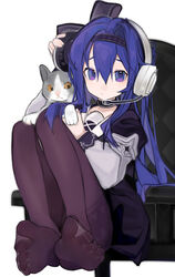  adjusting_clothes adjusting_headphones adjusting_headwear animal_hands arm_up bad_id bad_pixiv_id black_bow black_hairband black_pantyhose black_shirt black_skirt bow chair closed_mouth feet feline female full_body grey_sleeves hair_intakes hairband hands_on_headphones headphones highres knees_up long_hair long_sleeves looking_at_viewer microphone office_chair original pantyhose purple_eyes purple_hair shirt simple_background sitting skirt soles swivel_chair toes white_background yuhezi 