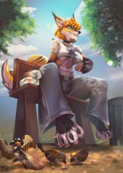  anthro belly bench big_breasts bottomwear bread breasts canid canine claws clothed clothing ear_tuft feeding feeding_birds feet food fox fur green_eyes gynomorph hair hi_res hindpaw inner_ear_fluff intersex low-angle_view mammal orange_body orange_hair outside pants paws plant redsmock reena_(gazer90) shirt short_hair smile solo spread_legs spreading topwear trash_can tuft under_boob 