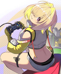  :3 black_sports_bra blonde_hair boomstick_(nikke) breasts butt_crack clothing_cutout controller crop_top crop_top_overhang cropped_sweater elegg_(nikke) exposed_pocket fanny_pack female fingerless_gloves game_controller gloves goddess_of_victory:_nikke grey_shorts gun hair_intakes hair_over_one_eye highres holding holding_controller holding_game_controller large_breasts long_bangs looking_back multicolored_clothes multicolored_gloves multicolored_hair oerba_yun_fang playing_games polka_dot polka_dot_background purple_eyes shorts shoulder_cutout sitting solo sports_bra suspender_shorts suspenders syope thigh_strap two-tone_hair weapon 