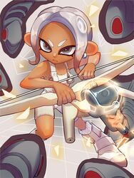  agent_8_(splatoon) bodysuit bow_(weapon) brown_hair closed_mouth commentary_request dark-skinned_female dark_skin eyelashes female gradient_hair grey_background grey_hair highres holding holding_bow_(weapon) holding_weapon jelleton medium_hair multicolored_hair nastar_r0 octoling octoling_girl octoling_player_character shoes sleeveless sleeveless_bodysuit socks splatoon_(series) splatoon_3 splatoon_3:_side_order standing swarming_languendo tentacle_hair thick_eyebrows tri-stringer_(splatoon) two-tone_hair v-shaped_eyebrows weapon white_bodysuit white_footwear white_socks 