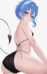  absurdres ass bare_arms bare_shoulders bikini black_bikini blue_eyes blue_hair blush breasts commentary demon_tail double-parted_bangs fawny female from_behind from_below hair_between_eyes hand_on_own_knee highres hololive hoshimachi_suisei looking_at_viewer open_mouth short_hair side_ponytail sidelocks simple_background small_breasts solo star_(symbol) star_in_eye string_bikini swimsuit symbol_in_eye tail virtual_youtuber white_background 