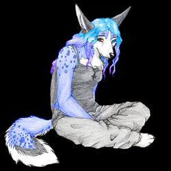  abby_(sabarika) ankh ankh_necklace anthro archived_source biped black_background black_body black_clothing black_fur black_nose black_shirt black_tank_top black_topwear blue_body blue_eyes blue_fur blue_hair bottomwear breasts canid canine chest_tuft clothing colored_pencil_(artwork) countershade_face countershade_tail countershade_torso countershading ear_piercing ear_ring female fluffy fluffy_tail fur grey_bottomwear grey_clothing grey_pants hair heterochromia jewelry mammal multicolored_body multicolored_fur multicolored_hair necklace pants paws piercing purple_hair ring_piercing sabarika shirt simple_background sitting solo spots tail tank_top topwear traditional_media_(artwork) tuft white_body white_countershading white_fur yellow_eyes 