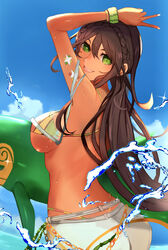  absurdres andromeda_(fate) andromeda_(second_ascension)_(fate) ass back bandeau bare_shoulders bikini bikini_under_clothes blue_sky blush bracelet braid breasts brown_hair chains cross-laced_clothes crown_braid dark-skinned_female dark_skin denim fate/grand_order fate_(series) female fumiyan green_eyes grey_pants highres inflatable_toy jeans jewelry large_breasts long_hair looking_at_viewer looking_back low_ponytail multicolored_bikini multicolored_clothes open_mouth pants rainbow_bikini see-through sidelocks sky smile solo swimsuit v water 