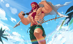  1boy abs absurdres akunaakun_(kunkun586586) bara beard body_fur connected_beard day excessive_armpit_hair facial_hair feet_out_of_frame from_below full_beard highres large_pectorals looking_at_viewer male_focus mature_male medium_hair muscular muscular_male navel nipples original pectorals rainbow red_hair solo standing stomach strongman_waist thick_beard thick_chest_hair thick_eyebrows thick_navel_hair topless_male water 