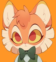  2023 :&lt; anthro bow_tie calvin_mcmurray close-up daww digital_drawing_(artwork) digital_media_(artwork) domestic_cat facial_tuft felid feline felis fluffy frown fur green_bow_tie head_tuft lackadaisy male mammal orange_background orange_body orange_fur pink_nose simple_background solo tuft yellow_eyes zerum0u 