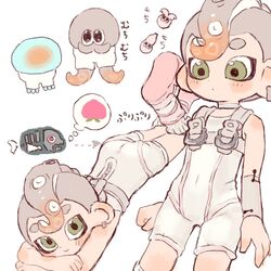  1boy agent_8_(splatoon) ass bodysuit brown_hair closed_mouth commentary_request covered_navel food fruit gradient_hair green_eyes grey_hair highres jelleton jellyfish_(splatoon) lying male_focus marching_andante mei_tyan_n mohawk multicolored_hair multiple_views octoling octoling_boy octoling_player_character octopus on_stomach pants peach short_hair simple_background sleeveless sleeveless_bodysuit smile splatoon_(series) splatoon_3 splatoon_3:_side_order spoken_expression tentacle_hair thick_eyebrows translation_request two-tone_hair white_background white_bodysuit white_pants 