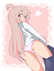  :d ahoge ass bare_legs blue_skirt border brown_eyes commentary female from_behind from_below hair_between_eyes heart highres long_hair long_sleeves looking_at_viewer looking_back looking_down no_pants onii-chan_wa_oshimai! open_mouth ornate_border outside_border oyama_mahiro panties pink_background pink_hair pink_panties polka_dot polka_dot_background shirt simple_background skirt skirt_around_one_leg smile solo underwear undressing unkimo white_shirt 