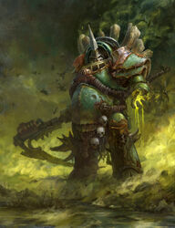  1boy adeptus_astartes armor armored_boots boots breastplate bug chains chaos_(warhammer) chaos_space_marine commentary couter cuirass death_guard dusint english_commentary facing_viewer full_armor full_body gauntlets greaves green_armor highres holding holding_scythe holding_weapon lake leg_armor male_focus nurgle official_art outdoors pauldrons plague_marine poleyn power_armor rerebrace rot_fly scythe shoulder_armor skull slime_(substance) smoke solo spikes swarm typhus_(warhammer) warhammer_40k weapon 