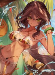  andromeda_(fate) andromeda_(second_ascension)_(fate) bandeau bare_shoulders beach bikini bikini_under_clothes bracelet braid breasts brown_hair chains cleavage commentary criss-cross_halter crown_braid dark-skinned_female dark_skin denim fate/grand_order fate_(series) female green_eyes grey_pants halterneck highleg highleg_bikini inflatable_toy jeans jewelry large_breasts long_hair looking_at_viewer low_ponytail m0_chi multicolored_bikini multicolored_clothes navel palm_tree pants rainbow_bikini see-through sidelocks smile solo swimsuit tree water 