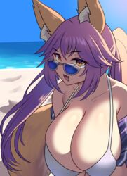  alternate_breast_size animal_ear_fluff animal_ears beach bikini breasts cleavage collarbone fate/grand_order fate_(series) female fox_ears fox_girl fox_tail highres huge_breasts jifuwabe long_hair looking_at_viewer ocean oerba_yun_fang open_mouth outdoors pink_hair sand skin_fang solo split_ponytail sunglasses swimsuit tail tamamo_(fate) tamamo_no_mae_(fate/extra) yellow_eyes 