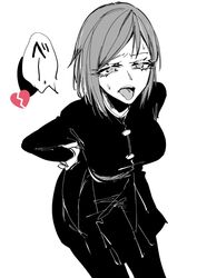  bad_id bad_twitter_id buttons cowboy_shot eyelashes female greyscale hand_on_own_hip highres jujutsu_kaisen kugisaki_nobara monochrome pantyhose school_uniform short_hair simple_background skirt solo swept_bangs tongue tongue_out wl6yugi8go1 