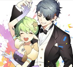  1boy :d ^_^ arm_up black_bow black_bowtie black_dress black_jacket blue_eyes blush bow bowtie breasts closed_eyes collared_shirt commentary confetti dress dress_shirt eyepatch female frilled_dress frills gloves green_hair grey_hair hair_ornament holding_hands jacket long_sleeves open_clothes open_jacket pandoria_(xenoblade) puffy_short_sleeves puffy_sleeves purple_gloves round_teeth shirt short_sleeves small_breasts smile star_(symbol) star_hair_ornament stephanieh81080 suit symbol-only_commentary teeth upper_body upper_teeth_only vest white_shirt white_vest xenoblade_chronicles_(series) xenoblade_chronicles_2 zeke_von_genbu_(xenoblade) 