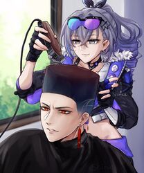  1boy :3 alternate_hairstyle barber_cape black_gloves blade_(honkai:_star_rail) bra_strap choker choso_giving_toudou_a_haircut_(meme) commentary cropped_jacket drill_hair drill_ponytail earrings electric_razor english_commentary fade_(haircut) female fingerless_gloves flattop gloves goggles goggles_on_head gradient_hair grey_eyes grey_hair highres holding_razor honkai:_star_rail honkai_(series) indoors jewelry meme multicolored_hair navel parted_lips razor red_eyes shiruuruu silver_wolf_(honkai:_star_rail) tall_hair upper_body window 