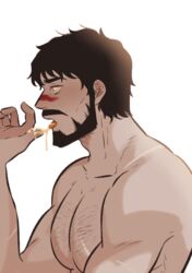  1boy bara beard black_hair chest_hair dragon_age dragon_age_2 facial_hair facial_mark from_side full_beard garrett_hawke highres large_pectorals licking licking_finger male_focus muscular muscular_male open_mouth pectorals pickleforstony profile short_hair simple_background solo tongue tongue_out upper_body white_background 