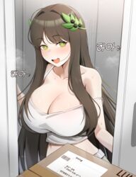  absurdres black_survival blush box breasts brown_hair camisole cleavage commentary_request doorway eternal_return:_black_survival female green_eyes gweon_sua hair_ornament highres kisa_(leg3043) large_breasts leaf_hair_ornament long_hair looking_at_viewer open_door open_mouth pov_doorway smile solo strap_slip teeth trembling upper_teeth_only very_long_hair white_camisole 