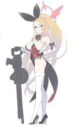  absurdres alternate_costume blonde_hair blue_archive blue_eyes boots breasts detached_collar enkyo_yuuichirou female full_body gloves grin gun halo high_heel_boots high_heels highres large_breasts leotard lewis_gun long_hair machine_gun pina_(blue_archive) playboy_bunny ponytail sideboob smile solo strapless strapless_leotard thigh_boots weapon wrist_cuffs 