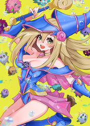  bare_shoulders blonde_hair blue_footwear blue_headwear blush blush_stickers boots breasts bubble choker cleavage dark_magician_girl duel_monster female green_eyes hair_between_eyes hat highres holding holding_wand kuriboh large_breasts long_hair looking_at_viewer noppe open_mouth showgirl_skirt smile staff wand wizard_hat yellow_background yu-gi-oh! 