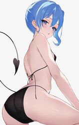  ass bare_arms bare_shoulders bikini black_bikini blue_eyes blue_hair blush demon_tail fawny female from_behind from_below highres hololive hoshimachi_suisei looking_at_viewer open_mouth side_ponytail simple_background solo swimsuit tail virtual_youtuber white_background 