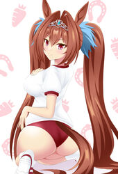  animal_ears antenna_hair ass blush breasts buruma carrot_print closed_mouth commentary_request daiwa_scarlet_(umamusume) female food_print from_behind gurukorian hair_between_eyes hair_intakes hand_on_own_chest horse_ears horse_girl horse_tail horseshoe_print large_breasts long_hair looking_at_viewer looking_back paw_print paw_print_background puffy_short_sleeves puffy_sleeves red_buruma red_eyes red_hair shirt shoes short_sleeves sitting smile sneakers socks solo tail tiara umamusume wariza white_footwear white_shirt white_socks 