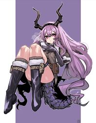  arknights black_gloves boots commentary_request cup dragon_girl dragon_horns dragon_tail elbow_gloves female fur-trimmed_boots fur_trim gloves holding holding_cup horns long_hair looking_at_viewer purple_hair shima_(wideshi_ma) solo tail thigh_strap thighs typhon_(arknights) typhon_(northern_pathfinder)_(arknights) 