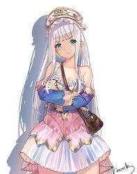  absurdres aqua_eyes artist_name atelier_lulua bag bangs bare_shoulders blue_sleeves breasts cleavage collarbone commentary cowboy_shot detached_sleeves dress elmerulia_fryxell english_commentary eyebrows_visible_through_hair female frilled_hat frills handbag hat highres layered_dress long_hair long_sleeves looking_at_viewer medium_breasts multicolored multicolored_clothes multicolored_dress shoulder_bag sidelocks silver_hair simple_background solo straight_hair v-shaped_eyebrows very_long_hair vierzeck white_background white_headwear 