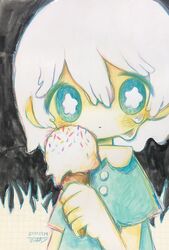  aqua_dress aqua_eyes blush bright_pupils dress female food grass hair_between_eyes highres holding holding_food ice_cream ice_cream_cone no_nose original short_hair short_sleeves solo tears traditional_media white_hair white_pupils zukky000 