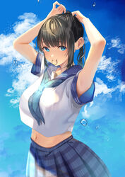  absurdres armpits arms_up black_hair blue_eyes blue_neckerchief blue_skirt blue_sky breasts closed_mouth cowboy_shot crop_top crop_top_overhang day female hair_tie hair_tie_in_mouth highres inushima large_breasts long_hair looking_at_viewer midriff mouth_hold navel neckerchief original outdoors plaid plaid_skirt pleated_skirt ponytail school_uniform see-through_silhouette serafuku shirt short_sleeves sidelocks skirt sky smile solo tying_hair water_drop white_shirt 