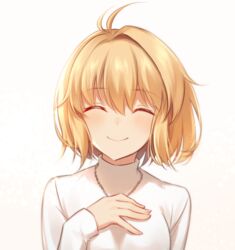  antenna_hair arcueid_brunestud blonde_hair blush breasts closed_eyes closed_mouth commentary_request female fingernails hair_between_eyes hair_intakes hand_on_own_chest jewelry long_sleeves necklace nemu_mohu short_hair sidelocks simple_background smile solo sweater tsukihime tsukihime_(remake) turtleneck turtleneck_sweater upper_body vampire white_background white_sweater 