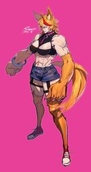  abs absurdres animal_ears blue_eyes breasts buffpup_(vtuber) collar female highres indie_virtual_youtuber large_breasts multicolored_hair muscular muscular_female oerba_yun_fang orange_hair pink_background red_hair sheep_shin shoes shorts sneakers solo spiked_collar spikes tail tank_top virtual_youtuber werewolf wolf_ears wolf_tail 