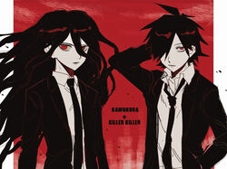  2boys akiko_141 black_hair black_jacket black_necktie collared_shirt danganronpa_(series) danganronpa_2:_goodbye_despair danganronpa_gaiden:_killer_killer formal hair_between_eyes hair_over_one_eye hand_up highres hijirihara_takumi jacket kamukura_izuru long_hair long_sleeves looking_at_viewer male_focus multiple_boys necktie open_clothes open_jacket red_background red_eyes red_theme shirt suit upper_body white_shirt 