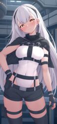  absurdres ak-alfa_(girls&#039;_frontline) arm_strap belt belt_pouch black_capelet black_gloves black_hairband black_shorts black_thighhighs blush breasts brown_eyes capelet closed_mouth contrapposto cowboy_shot female fingerless_gloves framed_breasts girls&#039;_frontline girls&#039;_frontline_2:_exilium gloves hairband highres indoors leotard long_hair looking_at_viewer medium_breasts pouch short_shorts shorts smile solo thigh_strap thighhighs trimbil very_long_hair white_hair white_leotard 