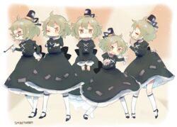  5girls :&gt; ahoge ashiyu_(ashu-ashu) blush closed_eyes cosplay cross-laced_clothes futatsuiwa_mamizou ghost_tail glasses green_eyes green_hair hair_between_eyes hat kaku_seiga kiseru long_sleeves mononobe_no_futo multiple_girls ofuda ofuda_on_clothes one_eye_closed open_mouth pose short_hair smoking_pipe soga_no_tojiko soga_no_tojiko_(cosplay) tate_eboshi tearing_up touhou toyosatomimi_no_miko unworn_headwear v-shaped_eyebrows white_legwear 