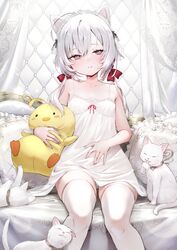  ahoge animal_ears azur_lane bare_shoulders blush breasts cat_ears character_doll collarbone commentary couch covered_navel fake_animal_ears feline female flandre_(azur_lane) grey_eyes hair_between_eyes hair_ribbon hand_on_own_stomach highres indoors kai_(ootamuno12) manjuu_(azur_lane) medium_hair nightgown on_couch panties parted_lips pillow red_ribbon ribbon sitting small_breasts smile thighhighs twintails underwear white_cat white_hair white_nightgown white_panties white_thighhighs 