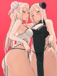  2girls absurdres ass bikini black_bikini black_dress blush breasts bun_cover chestnut_mouth cleavage cleavage_cutout clothing_cutout covered_navel dress emilia_(re:zero) grey_hair hair_behind_ear hair_bun hand_in_another&#039;s_hair hand_on_another&#039;s_head highres long_hair looking_at_viewer medium_breasts multiple_girls pelvic_curtain pink_background pointy_ears purple_eyes re:zero_kara_hajimeru_isekai_seikatsu revealing_clothes satella_(re:zero) side-tie_bikini_bottom sidelocks simple_background swimsuit thighs white_dress zerobarto 