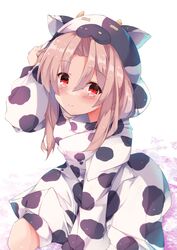  animal_ears animal_hood animal_print arm_up blush brown_hair closed_mouth commentary_request cow_ears cow_hood cow_horns cow_print dress fake_animal_ears fake_horns female fuuna hair_between_eyes highres hood hood_up hooded_dress horns kantai_collection long_hair long_sleeves looking_at_viewer parted_bangs print_dress red_eyes seiza sitting smile solo white_background white_dress zuihou_(kancolle) 