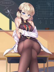  azur_lane bare_shoulders black_pantyhose blonde_hair blue_eyes blush bow breasts chalkboard classroom cross crossed_legs desk eroge-_(artist) female glasses hair_between_eyes hair_ornament hairbow highres indoors lab_coat looking_at_viewer medium_breasts necktie off_shoulder official_alternate_costume pantyhose pointer school_desk shirt short_hair sideboob sitting solo thighs z23_(azur_lane) z23_(philosophy_sensei)_(azur_lane) 