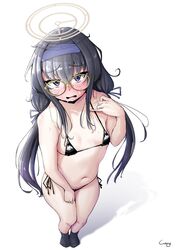  bags_under_eyes bikini black_bikini blue_archive blue_eyes blue_hairband blush breasts commentary_request female from_above full_body furrowed_brow glasses hair_between_eyes hairband halo highres long_hair looking_at_viewer low_twintails micro_bikini navel open_mouth shadow shigekikkusu side-tie_bikini_bottom sidelocks signature simple_background small_breasts socks solo standing string_bikini sweat swimsuit twintails ui_(blue_archive) very_long_hair white_background yellow-framed_eyewear 