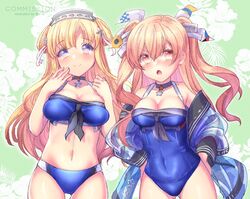  2girls alternate_costume arms_up bikini black_sailor_collar blonde_hair blue_bikini blue_eyes breasts brown_eyes choker cleavage cosplay covered_navel double_bun fletcher_(kancolle) fletcher_mk_ii_(kancolle) floral_background gloves hair_between_eyes hair_bun hairband ittokyu jacket johnston_(kancolle) johnston_(kancolle)_(cosplay) johnston_(swimsuit_mode)_(kancolle) johnston_kai_(swimsuit_mode)_(kancolle) kantai_collection large_breasts light_brown_hair long_hair looking_at_viewer medium_breasts multiple_girls neckerchief off_shoulder one-piece_swimsuit open_mouth sailor_collar star_(symbol) star_choker swimsuit two_side_up underboob 